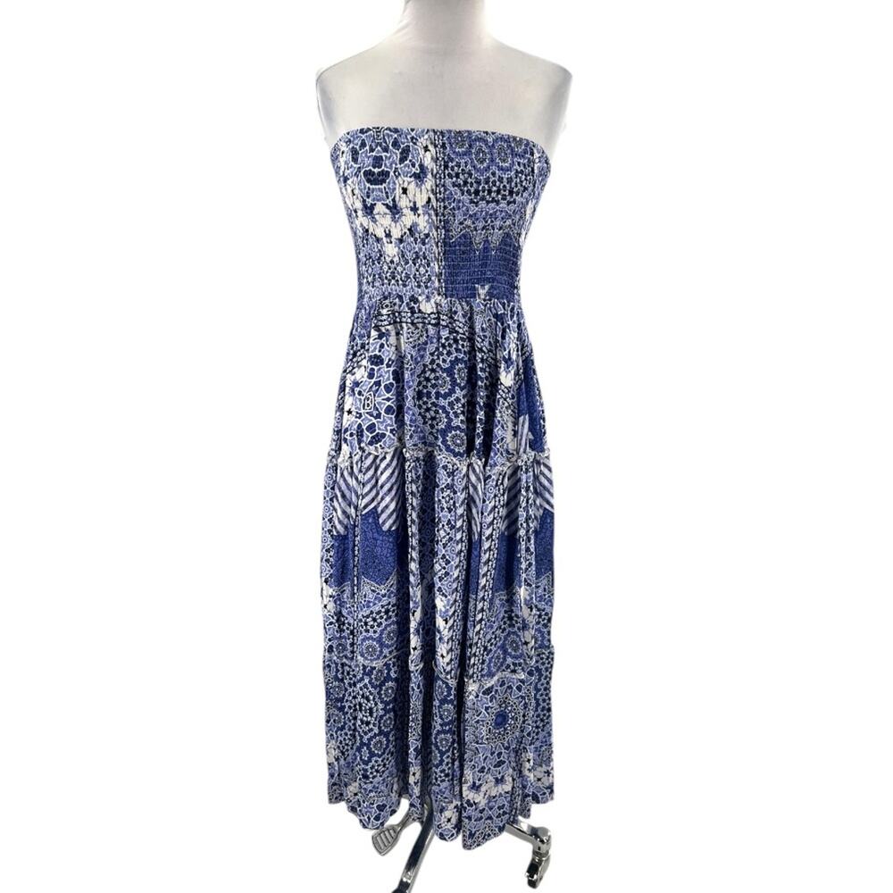 Jaase Salsa Blue Floral Print Smocked Tiered Maxi Dress Sz XS sundress sun dress